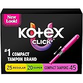 U by Kotex Click Compact Tampons, Regular/Super, Unscented, 45 Count | BPA Free, Gynecologist Tested, Smooth Tip Insertion, Individually Wrapped, Pocket-Ready, Leak Free Protection