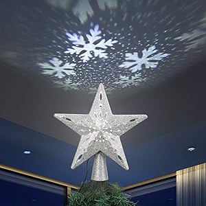 Brizled Silver Christmas Tree Topper Lighted with White Snowflake Projector, 3D Glitter Hollow Star Xmas Tree Topper, LED Christmas Treetop Projector Light for Xmas Home Tree Holiday Party Decorations