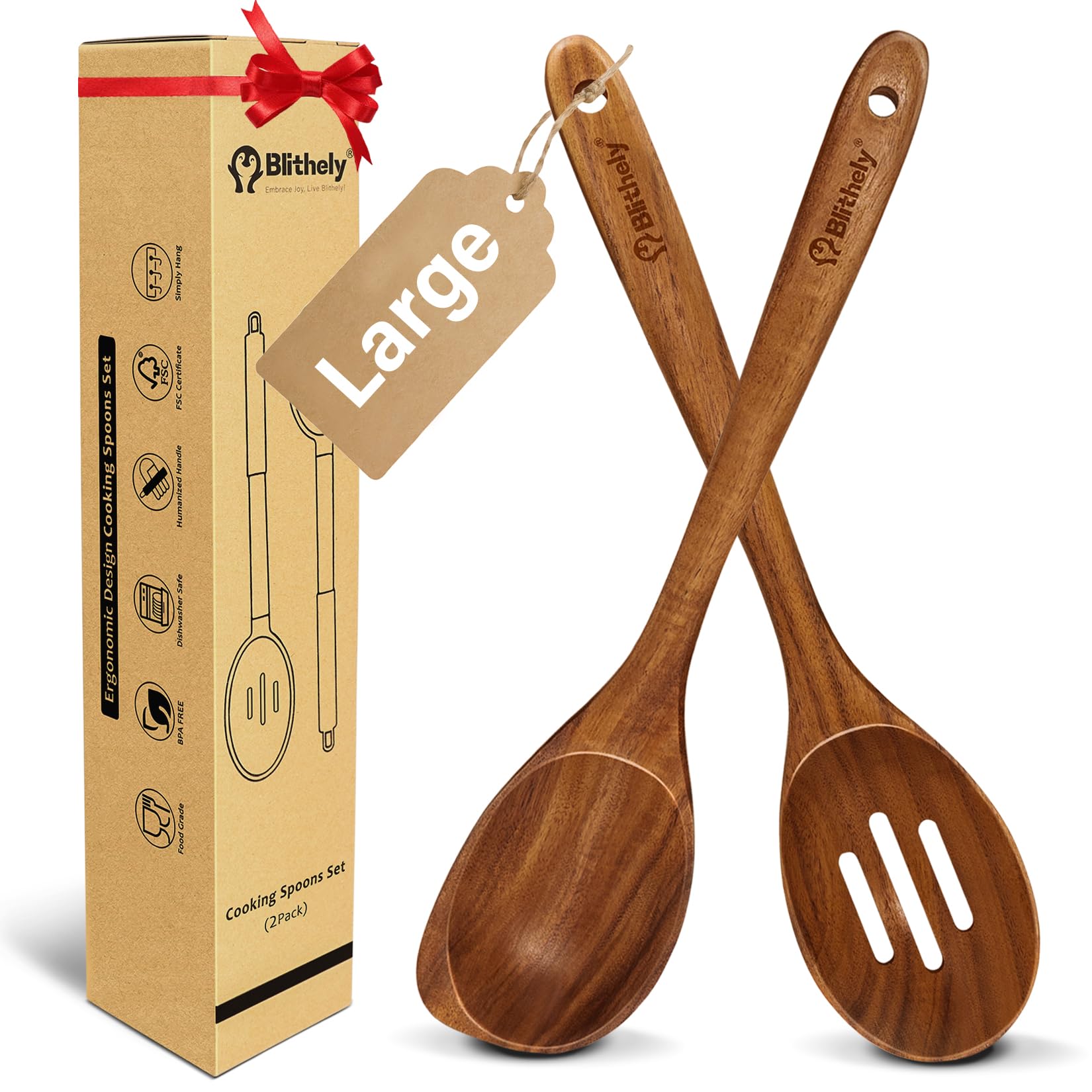 Photo 1 of 2 Pack Large Wooden Spoon Set for Cooking, Natural Teak Wood Slotted Spoon, Heat-Resistant Wooden Cooking Spoon Set for Serving and Mixing
