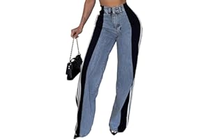 Angsuttc Womens Jeans with Patchwork Stripes High Waisted Stretchy Denim Color Block Straight Wide Leg Trendy Jean
