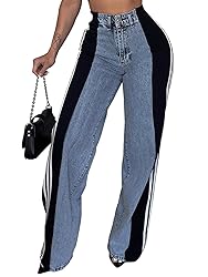 Angsuttc Womens Jeans with Patchwork Stripes High