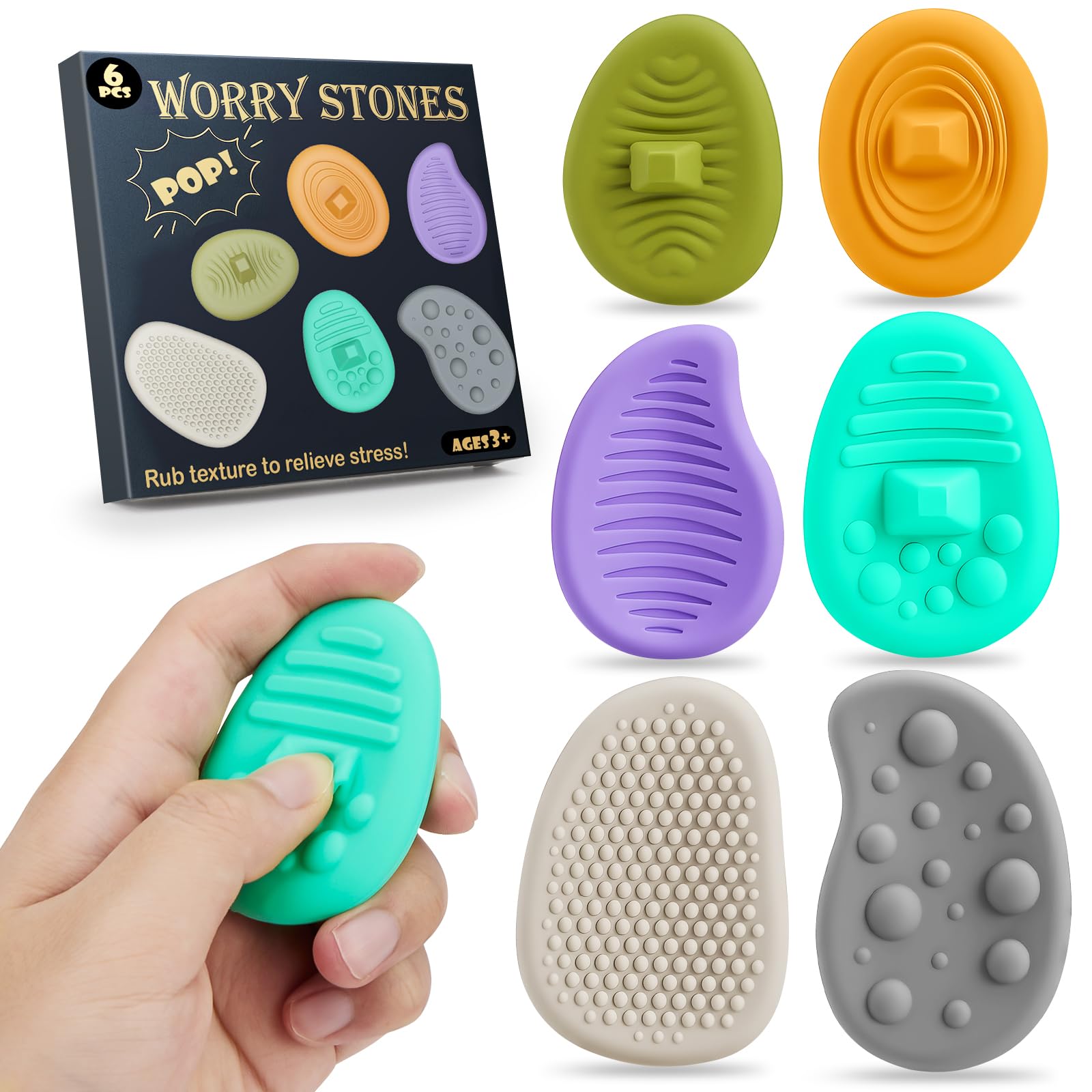 Photo 1 of Fidget Toys Worry Stones for Anxiety:6 Pack Sensory Toys for Stress-Silent Fidget Stones-Autism Special Needs Stress Relief Silicone Pressure Relieving-Classroom Prizes-Pop it Party Favors for Kids