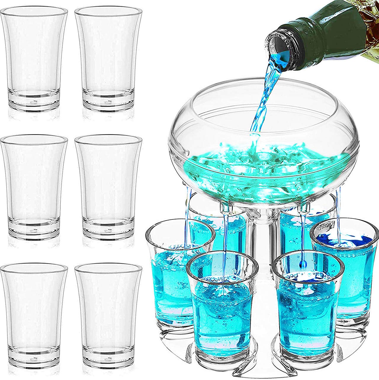 Shot Glass Dispenser and Holder with 6 Shot Glasses 45ml Set - Party Drink Dispenser Acrylic Shot Pourer for Juice Spirits Cider Whiskey Gin Cocktail, Fun Bar Accessories Home Gifts (V1) — image 1