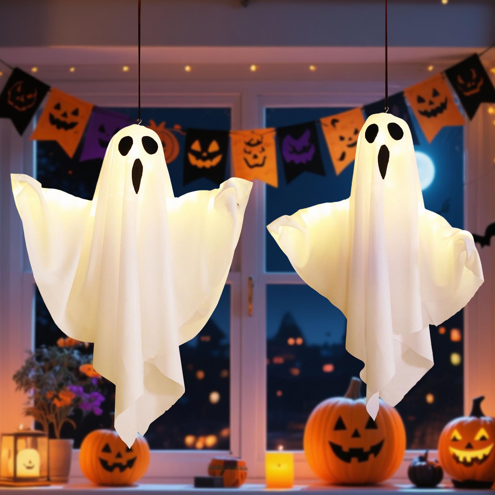 Photo 1 of TBGENIUS Ghost Decor, 20" Halloween Hanging Ghosts with String Lights, Floating Spooky Ornaments for Halloween Party Decorations Home Tree Garden Yard (White-2Pcs)