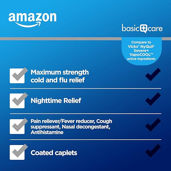 AMAZON BASIC CARE NIGHTTIME SEVERE COLD AND FLU RELIEF CAPLETS, VAPOR ICE, 24 COUNT