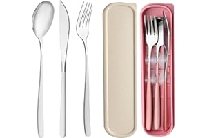 HMDZMR Travel Utensils with Case, 2 Sets Reusable Utensils Set with Case, Camping Utensil Set, Portable Silverware Lunch Utensils Set for Work Camping School(Beige, Pink)