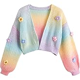 SHENHE Girl's Cute Flower Cardigan Open Front Chunky Knit Colorful Cropped Cardigan Sweater