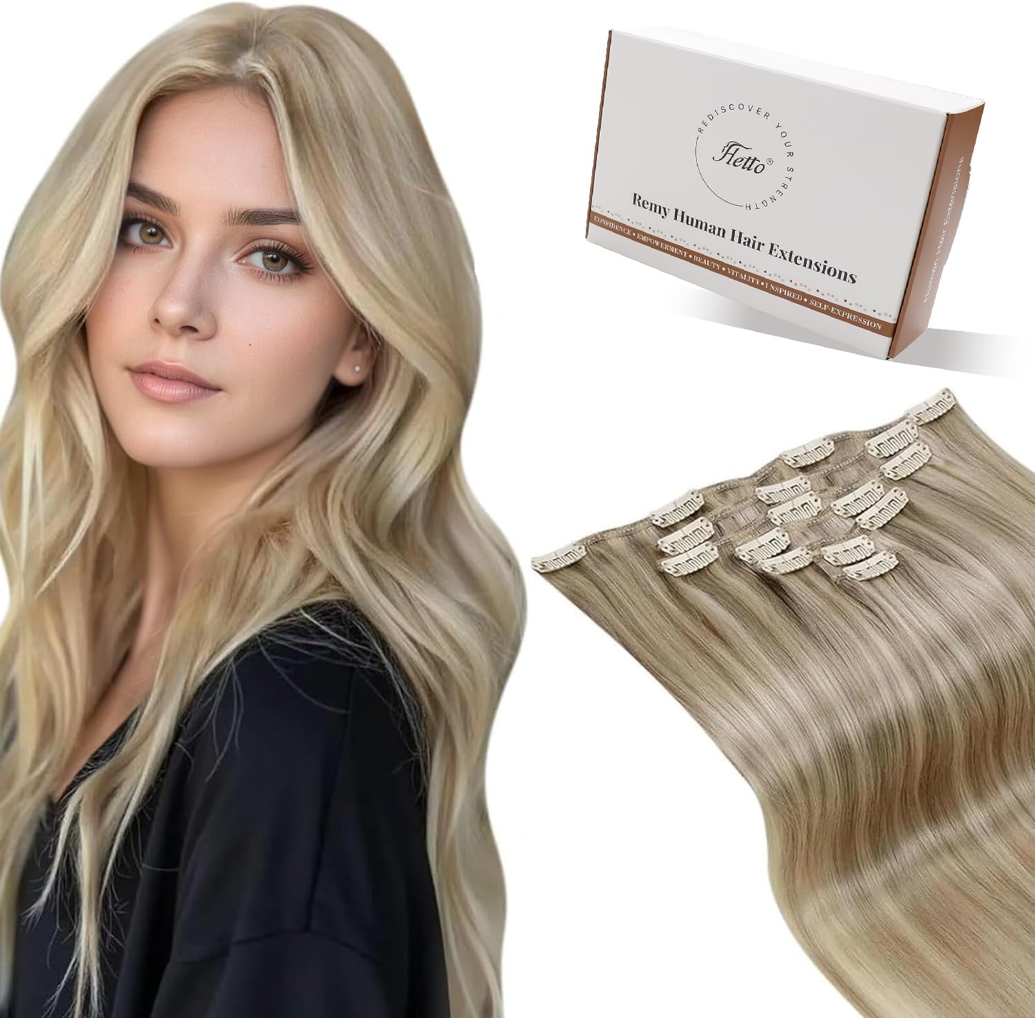 Hetto Clip in Hair Extensions Real Human Hair Blonde Highlighted 18 Inch 120g 7pcs - Quick Install Human Hair Pieces Clip in Extensions, Elegant Style Perfect for Holiday & Ceremony #17/23