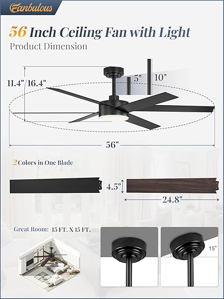 FANBULOUS 56 INCH CEILING FANS WITH LIGHTS AND REMOTE, REVERSIBLE 6 BLADES, DIMMABLE, 3000K-6000K ADJUSTABLE, OUTDOOR CEILING FANS FOR PATIOS, LARGE CEILING FAN FOR INDOOR OR COVERED OUTDOOR-BLACK