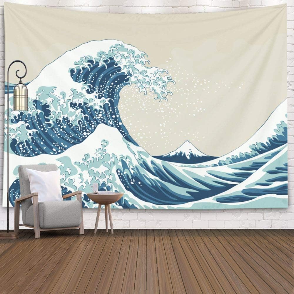 Tapestries - Pamime Aesthetic Room Décor,Ocean Tapestry,Ocean Wave Tapestry, Great Wave Mount Fuji Century Hanging Wall Tapestries for Living Room Decor 60X50 Inches（150X130Cm） Inhouse,Blue White