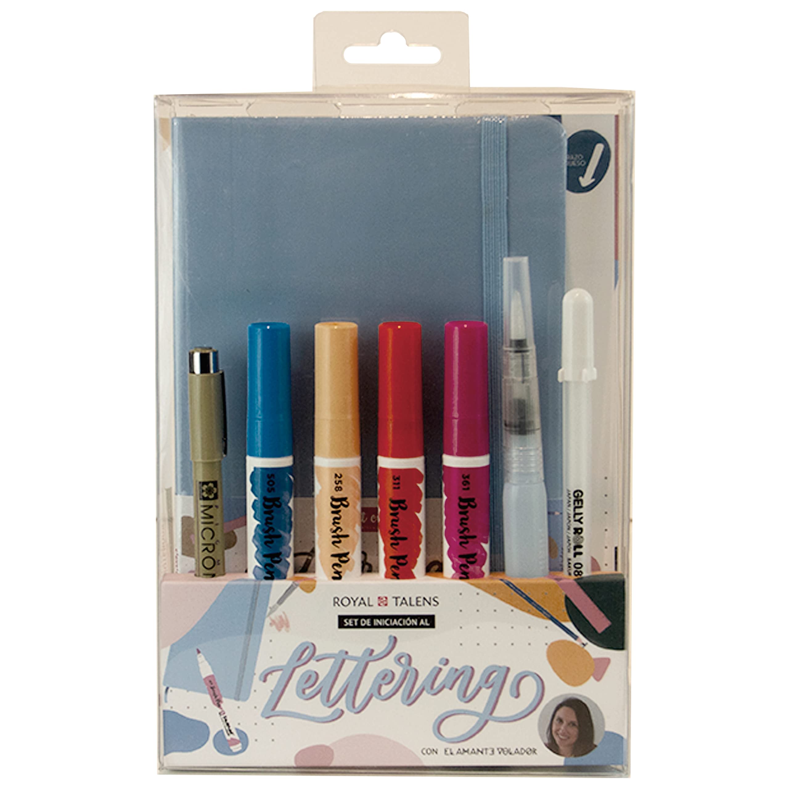 Talens Lettering starter set (blue) with the Flying Lover, lettering notebook, mixing palette, waterbrush, point, gel pen, Ecoline Brush Pen, letter guide, step by step booklet