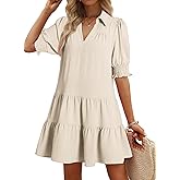 Dokotoo Casual Dresses for Women Lapel Collared V Neck Mid Sleeved Pleated Summer Dresses for Women 2026 Midi Dresses