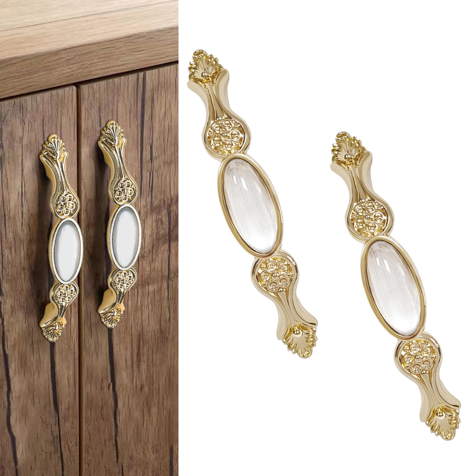 Elistonie 2 Pack Kitchen Door Handles - Vintage Style Cabinet 96mm Hole Center Gold With Art Pattern - Zinc Alloy Cupboard Handle (Light Gold)