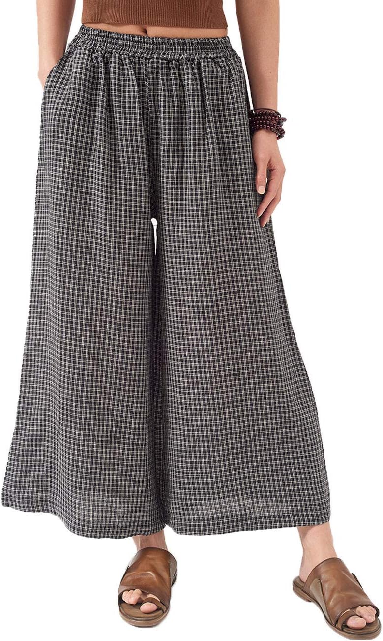 Les umes Ladies Womens Casual Loose Linen Elastic Waist Relaxed Trousers Cropped Wide Leg Culottes Pants US S-3XL US 6-18