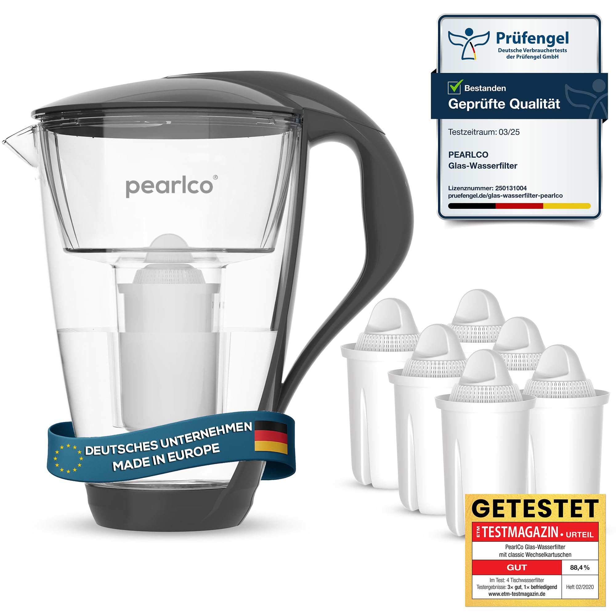 PearlCo Glass Water Universal classic Filter (anthracite) incl. 6 Universal classic Filter Cartridges (compatible with Brita® Classic)