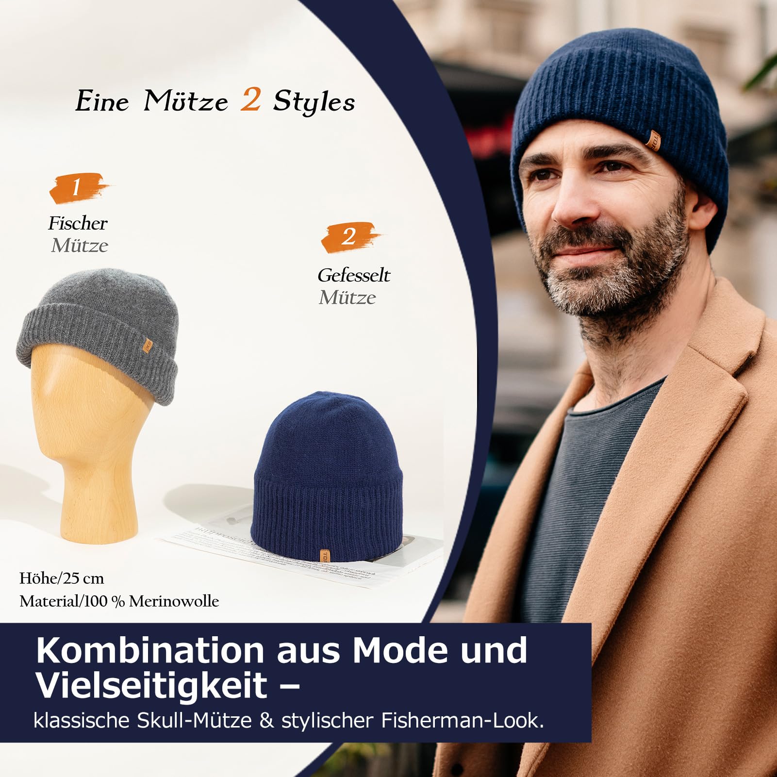 TOP-EX XL/XXL 100% Merinowolle Beanie Mütze, Wintermuetze Herren Damen, Fisherman Beanie Trawler Mütze, Strickmuetze, Warme Fleece Futter Grau XL/XXL 3