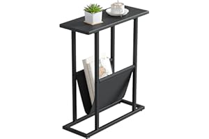 Yusong Small Narrow Side Table for Small Spaces, Slim End Table Magazine Table Nightstand with Storage Holder, Accent Skinny Snack Couch Bedside Table, Black Oak