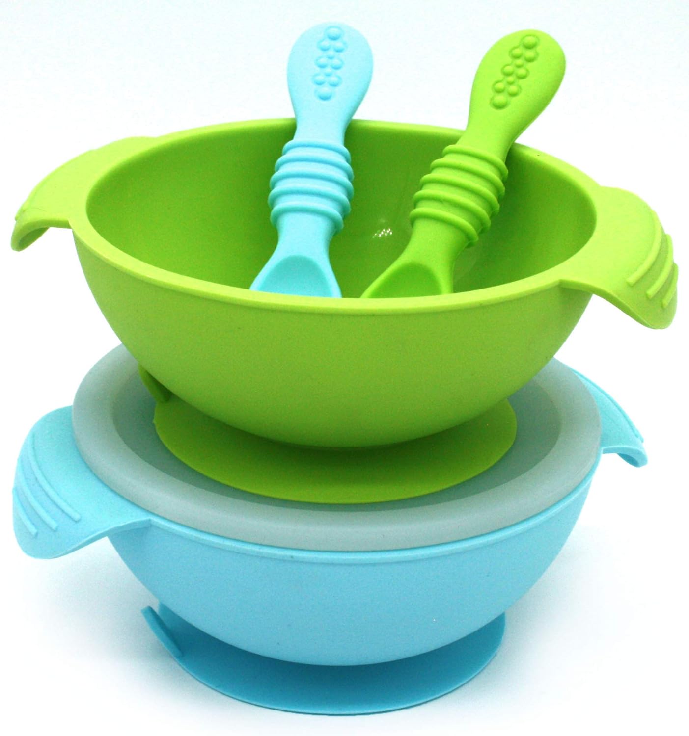 BUABI set 5 Piezas Silicona: 2 Bowls + 2 Cucharas + Tapa. Conjunto bol con ventosa para bebé. Silicona sin BPA, certificado FDA grado alimentario (Azul y Verde): Amazon.es: Bebé