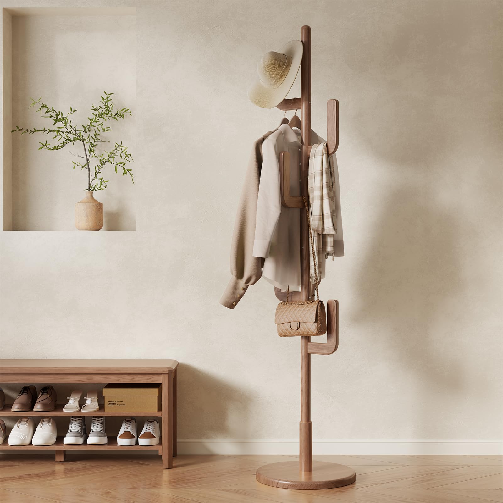Photo 1 of Muwuele Solid Wood Cactus Coat Rack, Freestanding Coat Rack With 6 L-Shaped Hooks and 3 Adjustable Sizes, Coat Tree for Bedroom, Entryway, Livingroom, Coat Hanger Stand for Coats, Handbags (Walnut)
