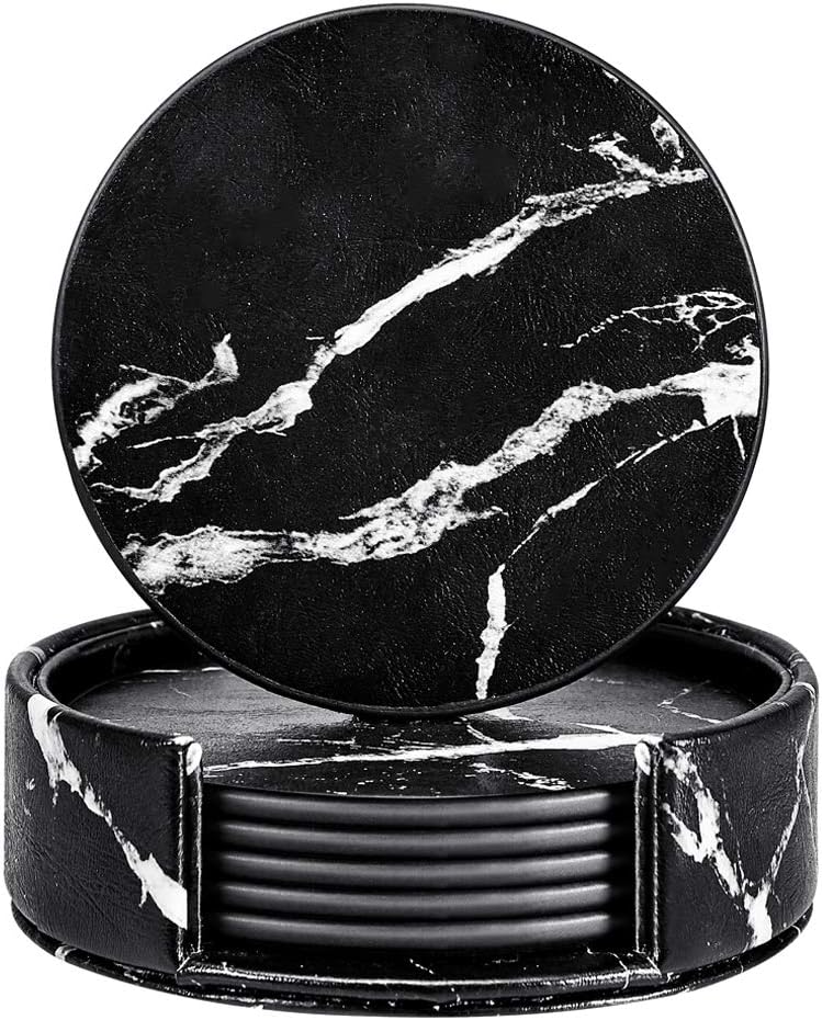 Leather Coasters with Black Marble Design, Thipoten 6 Pcs Coasters for Drinks with Holder, Perfect Housewarming Hostess Gifts, Protect Furniture from Water Marks Scratch and Damage(Marble, Black)