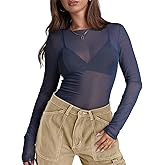 WIHOLL Womens Mesh Sheer Tops Sexy Crew Neck Summer Loose FIt Party Clubwear Shirts