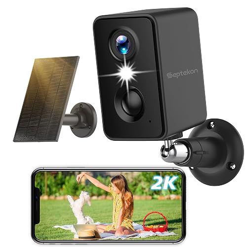 Septekon 2K Security Camera Outdoor Wireless,Flood Light WiFi Battery Camera with Solar Panel,PIR Human Detection with 3MP Color Night Vision, 2-Way Talk, IP66 Waterproof-Black