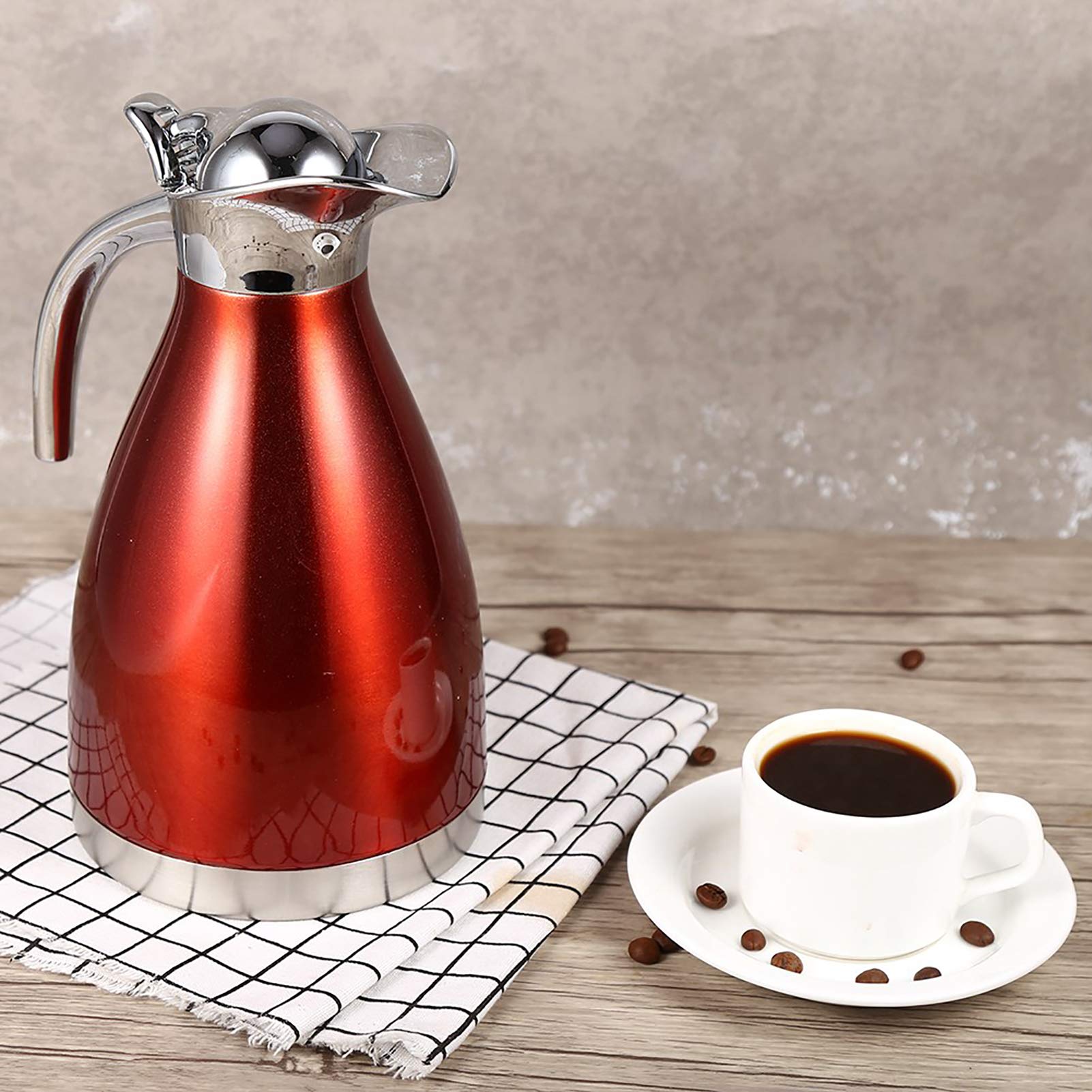 Tyenaza Insulated Pot Coffee Tea Pot Double Wall Vacuum Insulated Thermo Jug Hot Water Bottle Stainless Steel (#2L-Red)