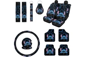 Lyukrsg 15 Pcs Cartoon Car Accessories Set Include Car Seat Cover Car Floor Mats Car Steering Wheel Cover Seat Belt Pads Car Coasters Keychain for Car SUV Truck