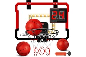 JUGANA LED Light Indoor Basketball Hoop for Door Mini Basketball Hoop with Audio Scoreboard Over The Door Basketball Hoop with 4 Balls Foldable Mini Hoop for Kids, Teens, Adults