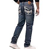 Men's Jeans - Embroidery Washed Crackle Design Jeans Relaxed Fit Stretch Casual Jeans Comfortable Classic Fit Jeans