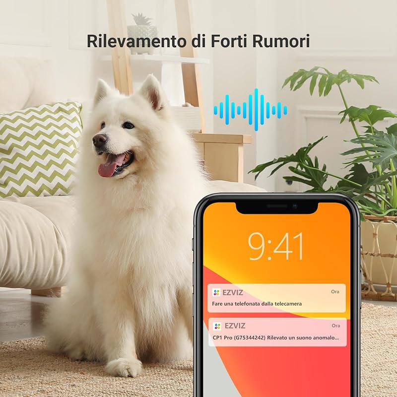 Telecamera Wi-Fi Interno 2K, Videocamera Sorveglianza 3MP per animali e bambini, Motorizzata a 360°, Audio a due vie, Funziona Alexa, Avvisi movimento, Visione notturna, Modello CP1