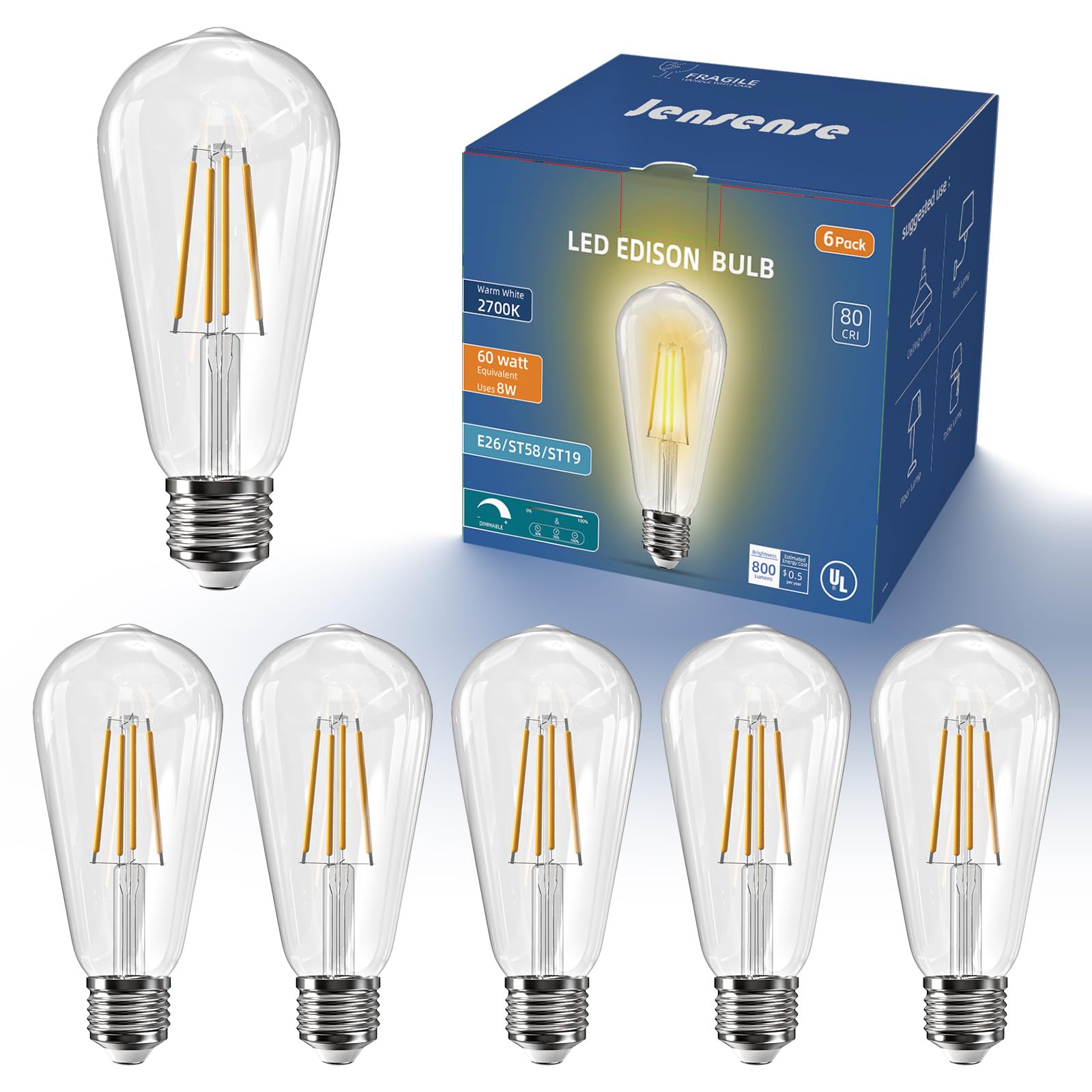 Photo 1 of Jensense Vintage LED Edison Bulbs 8Watt Dimmable Light Bulbs 2700K Warm White, E26 LED Bulb 60watt Equivalent, Vintage Bulbs 800lm CRI 90 Clear Glass 6 Packs