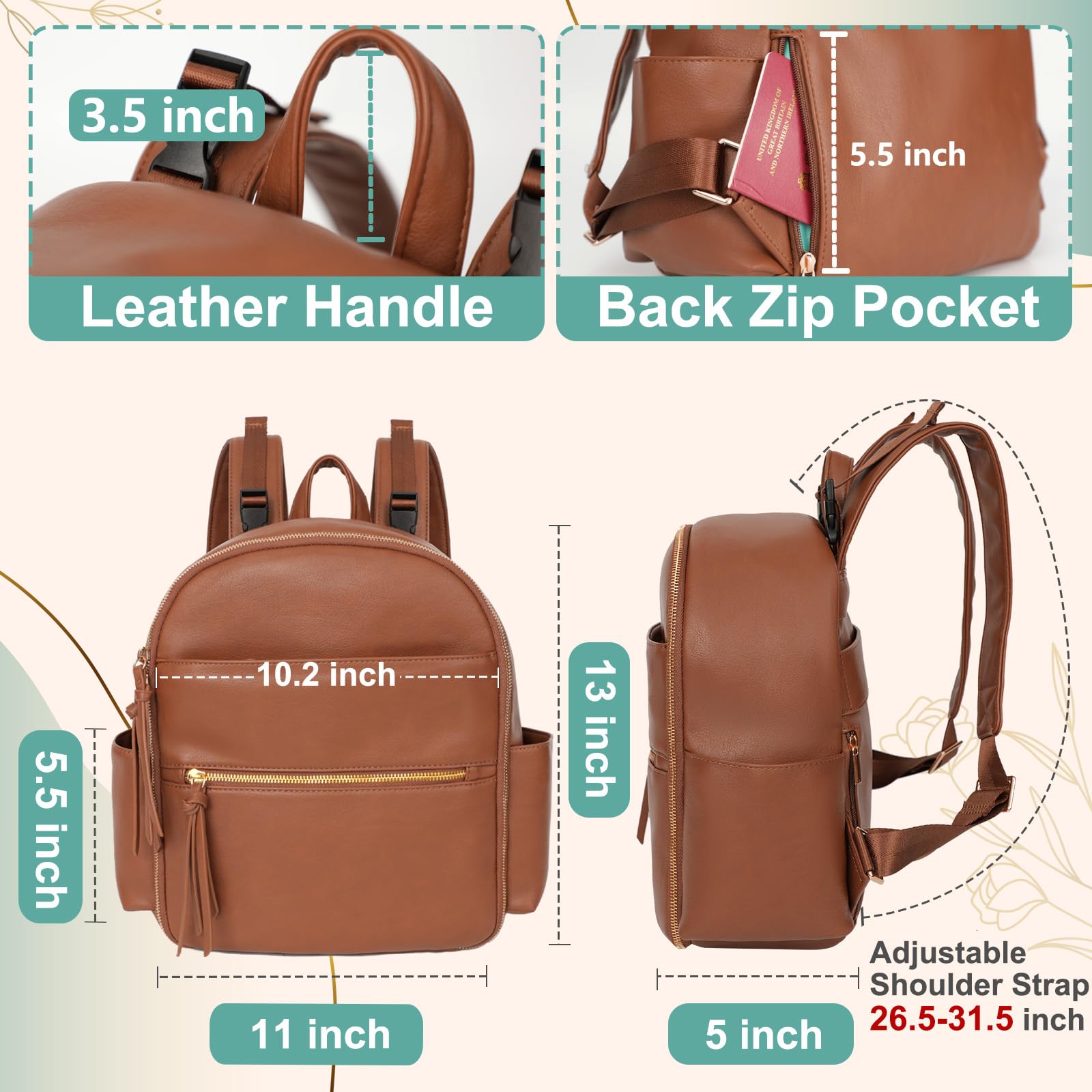 MOMINSIDE MOMINSIDE Small Diaper Bag Backpack, Mini Diaper Bag with 11 Pockets, Leather diaper backpack, Baby Diaper Bag for Baby Girls, 2 Insulated Pockets, Stroller Straps (Brown)