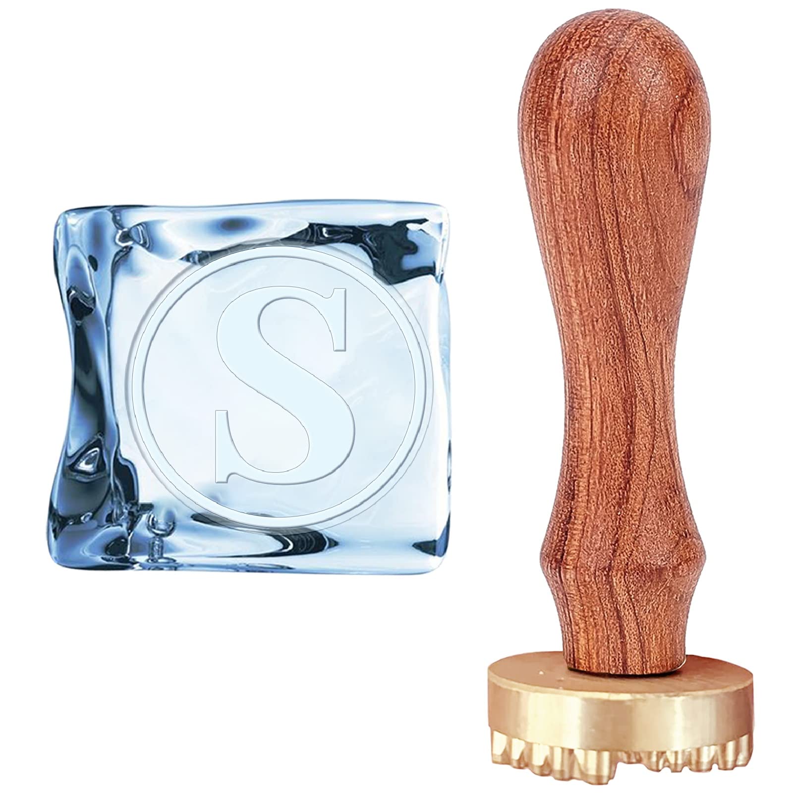 CRASPIRE Ice Cube Mould Initials S Ice Stamp Ice Drinking Making Tool Ice Cube Press Stamp Brass Stamp Head with Removable Wood Handle and Velvet Pouches for Making Ice Drinks — image 1