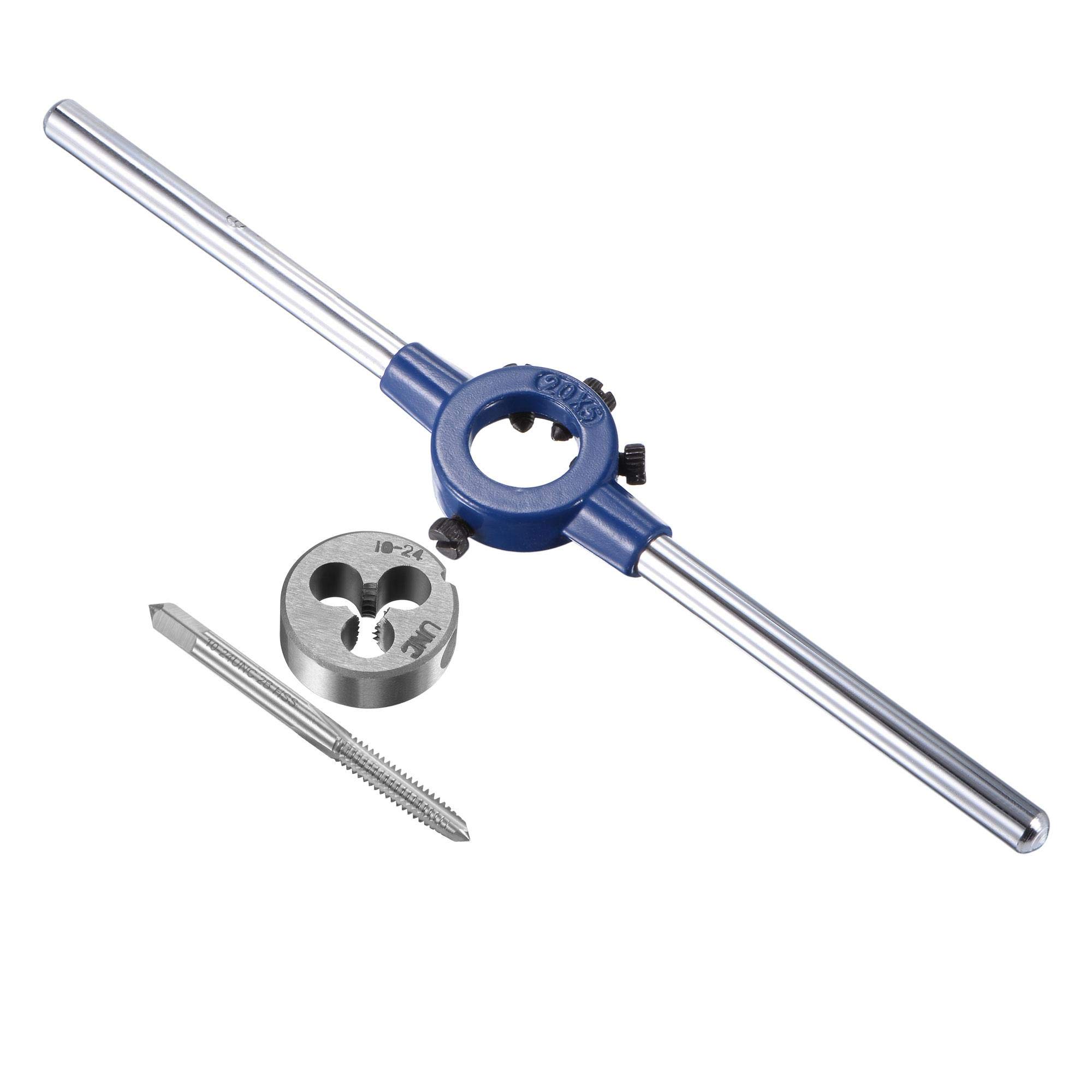 sourcing map 10-24 UNC Tap and Die Set with 20mm Round Die Stock Handle Wrench, High Speed Steel Machine Thread Tap and Round Die Threading Tool
