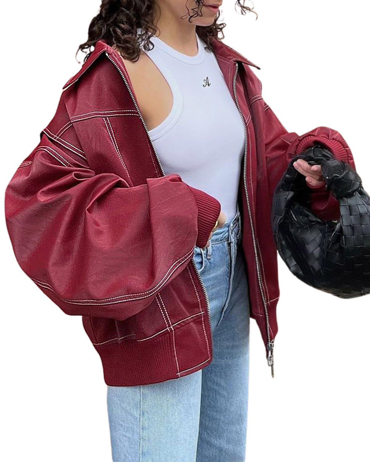 Photo 1 of *USED*
utcoco Women's Faux Leather Motorcycle Jacket Oversized Zip Up Winter Coat Outerwear 2025 Fall Fashion Clothes (Large, Red)