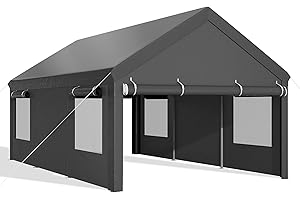 JAMFLY Carport, 12x18.5 ft Heavy Duty Carport Canopy with Roll-up Windows, Portable Garage with Removable Sidewalls & Doors, Car Canopy with All-Season Tarp for Car, Truck, Boat