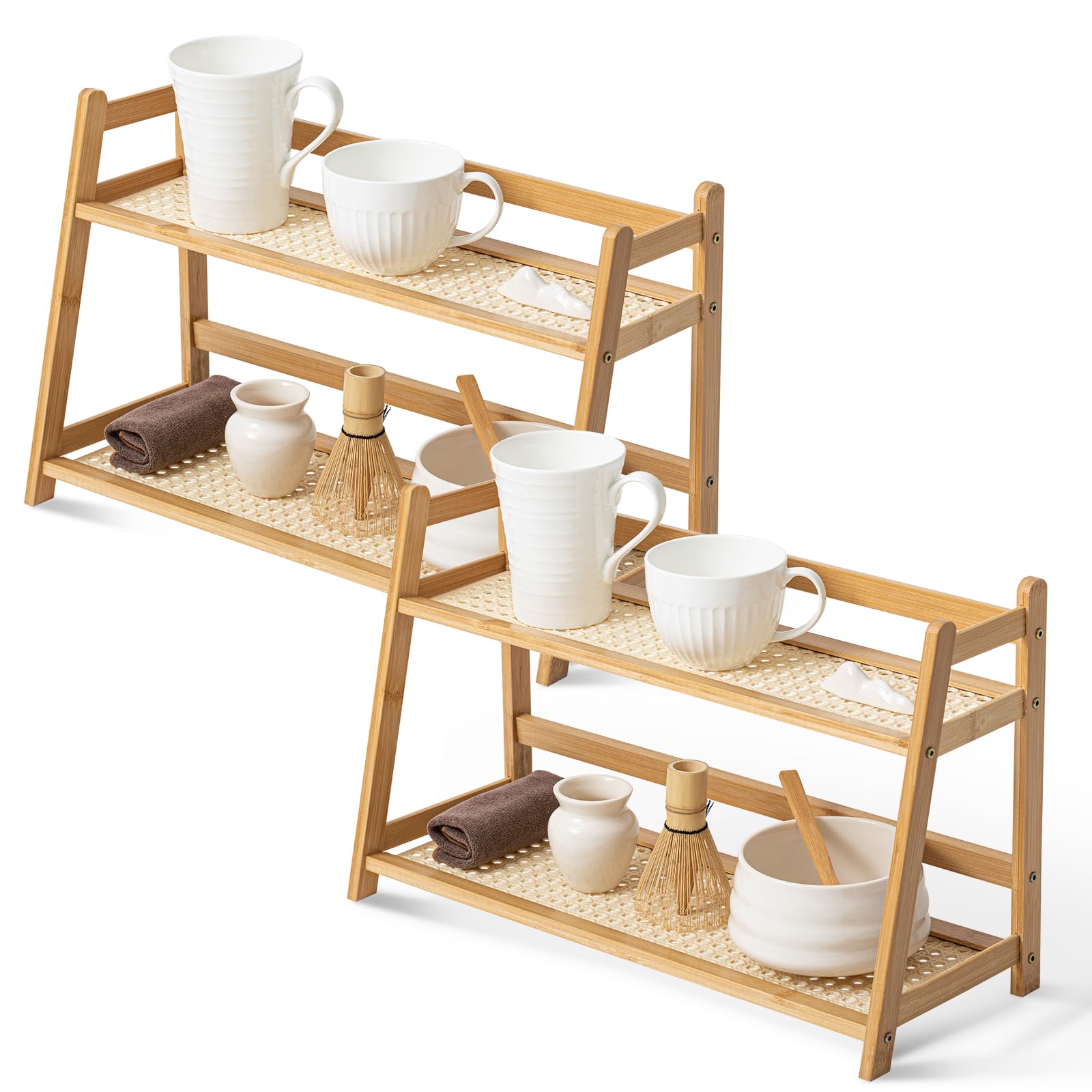 Photo 1 of Yalikop 17.7 Inch 2 Tier Matcha Station Shelf Bamboo Coffee Mug Stand Countertop Storage Rack, Double Layer Rattan Office Cup, Kitchen, Tea, Plant, Bar Accessories Condiment Display (Wood)