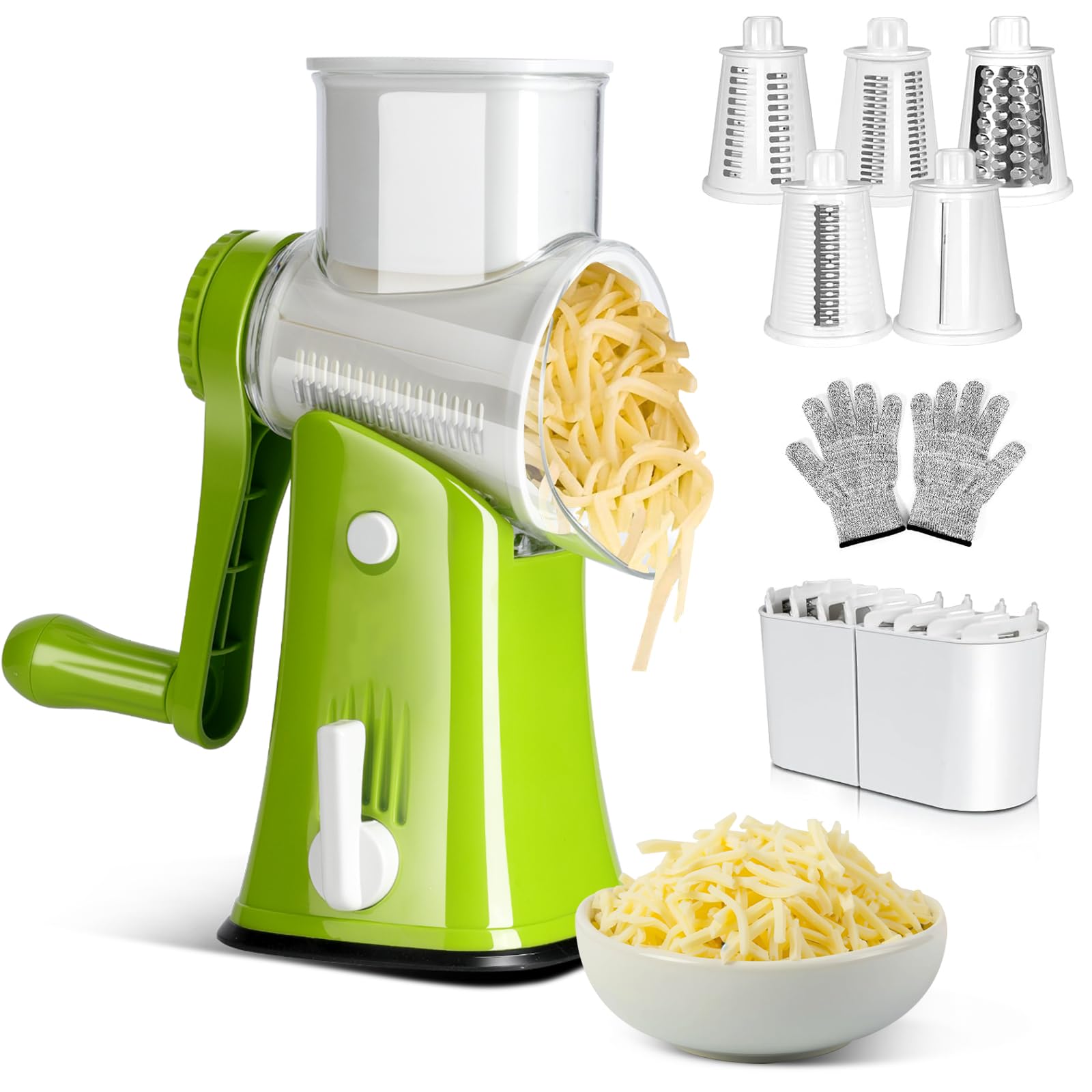 Midyb Cheese Grater Rotary, Cheese Grater with Drum Blades, Round Cheese Shredder Grater with Strong Suction, Handheld Mandoline Slicer for Cucumber Carrot, Green, Send Cut Proof Gloves