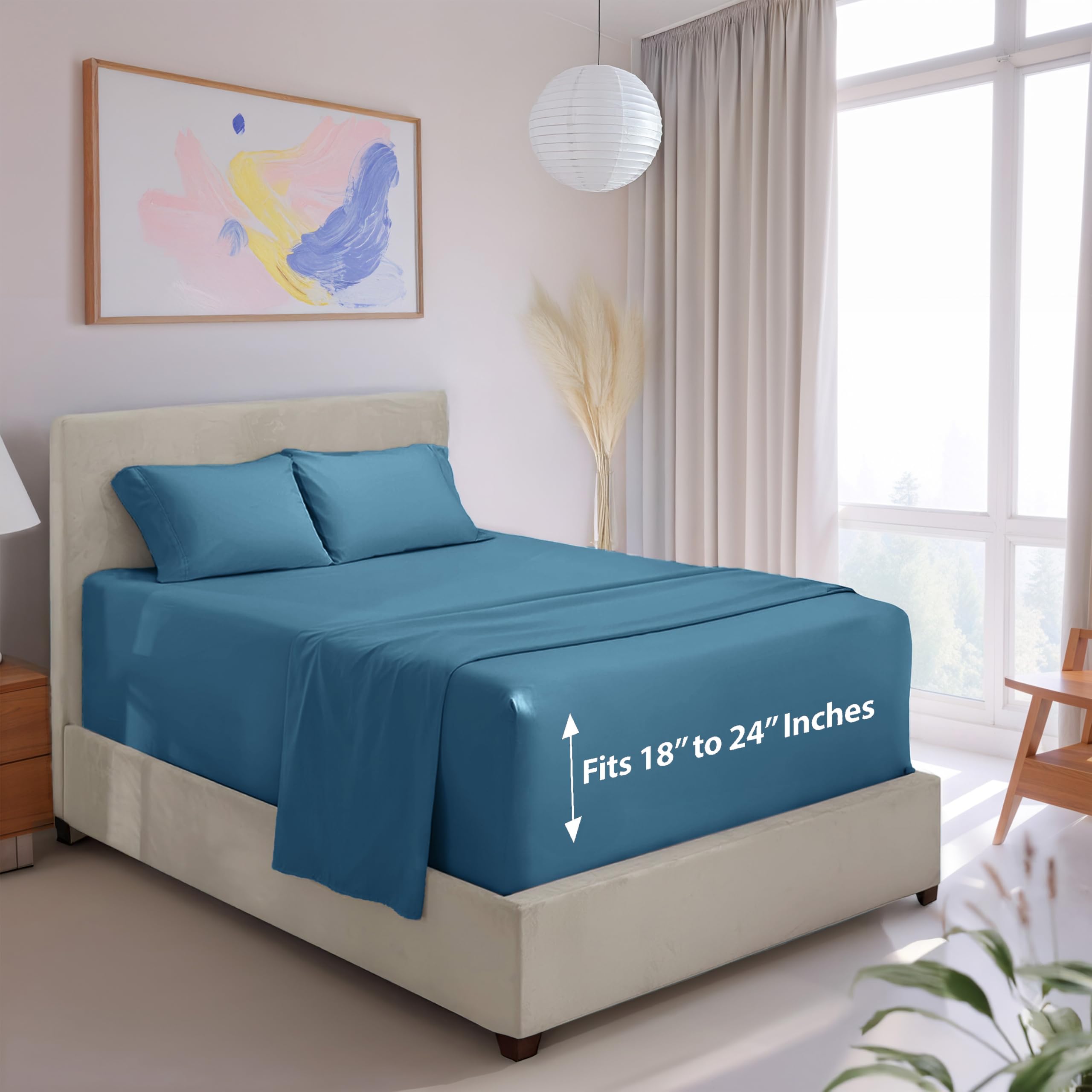 Hearth & Harbor Extra Deep Pocket Queen Size Sheet Set - 4 Piece Ultra Soft & Breathable Bed Sheets Set - Fits Up to 24" Mattress - Hotel Luxury Bed Sheet Set, Blue Heaven Image