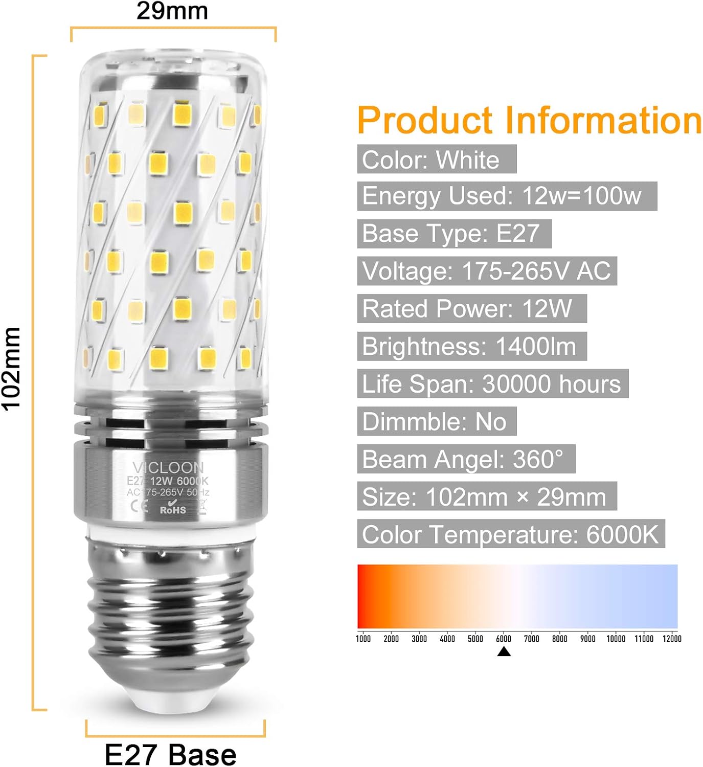 Vicloon E27 LED Corn Bulbs, 4 Pcs E27 LED Light Bulbs 12W Equivalent to 100W Halogen Bulbs, 6000K White - Image 3