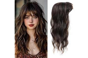 INSMI Hair Toppers for Women, 20 Inch Long Curly Wavy Hair Topper 360° 3D French Clip in Bangs (Dark Brown Mixed Chestnut, French Bangs)