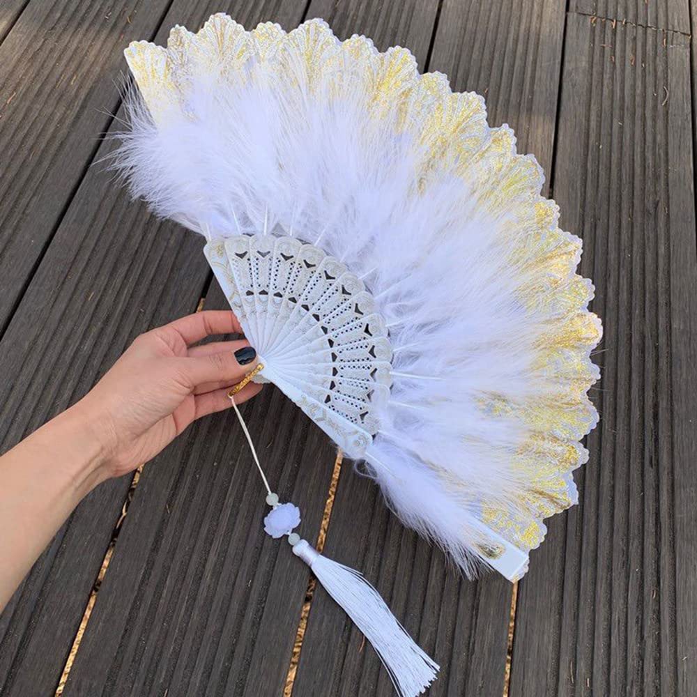 Duories Feather Hand Fan with Tassel Pendant, Folding Fan Vintage Spanish Victorian Women's Fan Dance Hand Fan for Wedding Gift Summer Party Fancy Dress Costume White