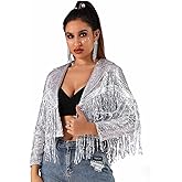 Edary Women's Sequin Jacket Coat Sparkly Long Sleeve Tassel Blazer Fringe Party Club New Years Eve Sequin Jackets