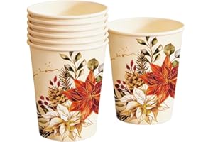 20Pcs Christmas Paper Cups 9oz Poinsettia and Hollyberries Design with Gold Accents Flower Leaves Christmas Coffee Cups Elega