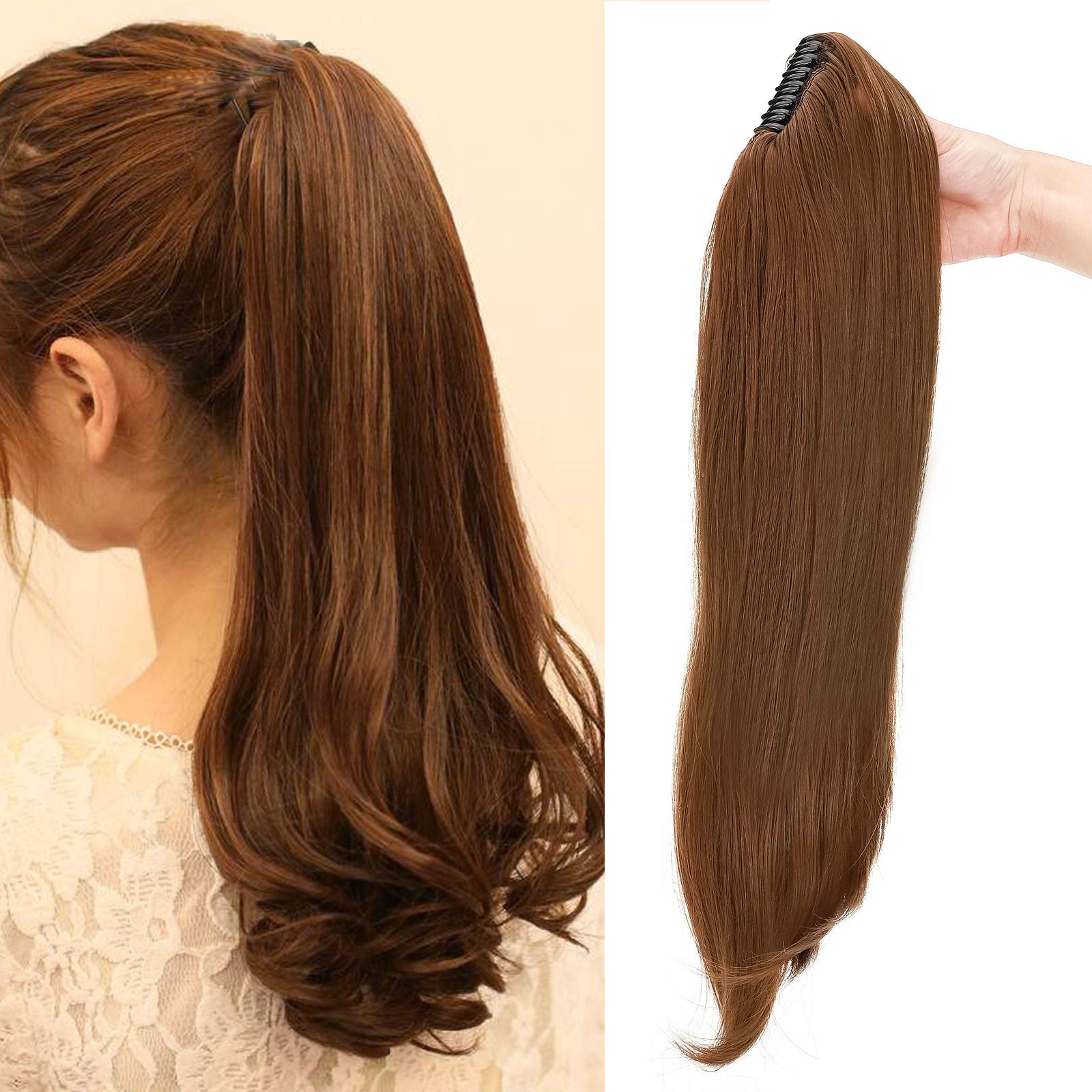 22" Claw On Ponytail Extensions Slightly Wavy Tails Clip In Hairpieces Long Curly Ponytail Synthetic For Women Ladies, Light Brown