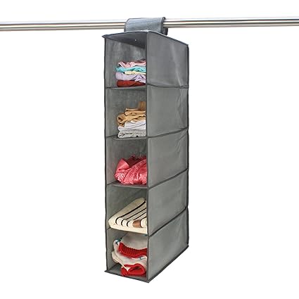 Hokipo Non-Wooven Cloth Hanging Storage Wardrobe Organizer, 5 Shelves, Grey