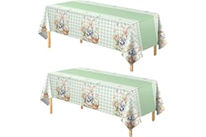 2 Pack Easter Tablecloth, 51" x 108" Disposable Easter Decorations, Plastic Rectangle Easter Table Cloth with Bunny Eggs Gree