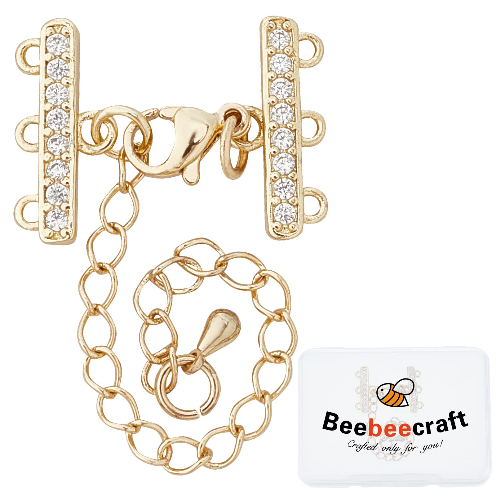 Beebeecraft 2 Sets 18K Gold Plated Multi Strand Clasps with Lobster Clasps Adjustable Chain Connector Set Cubic Zirconia 3 Strand Clasps Chain Extender for DIY Jewelry Making (Hole: 1.5mm)