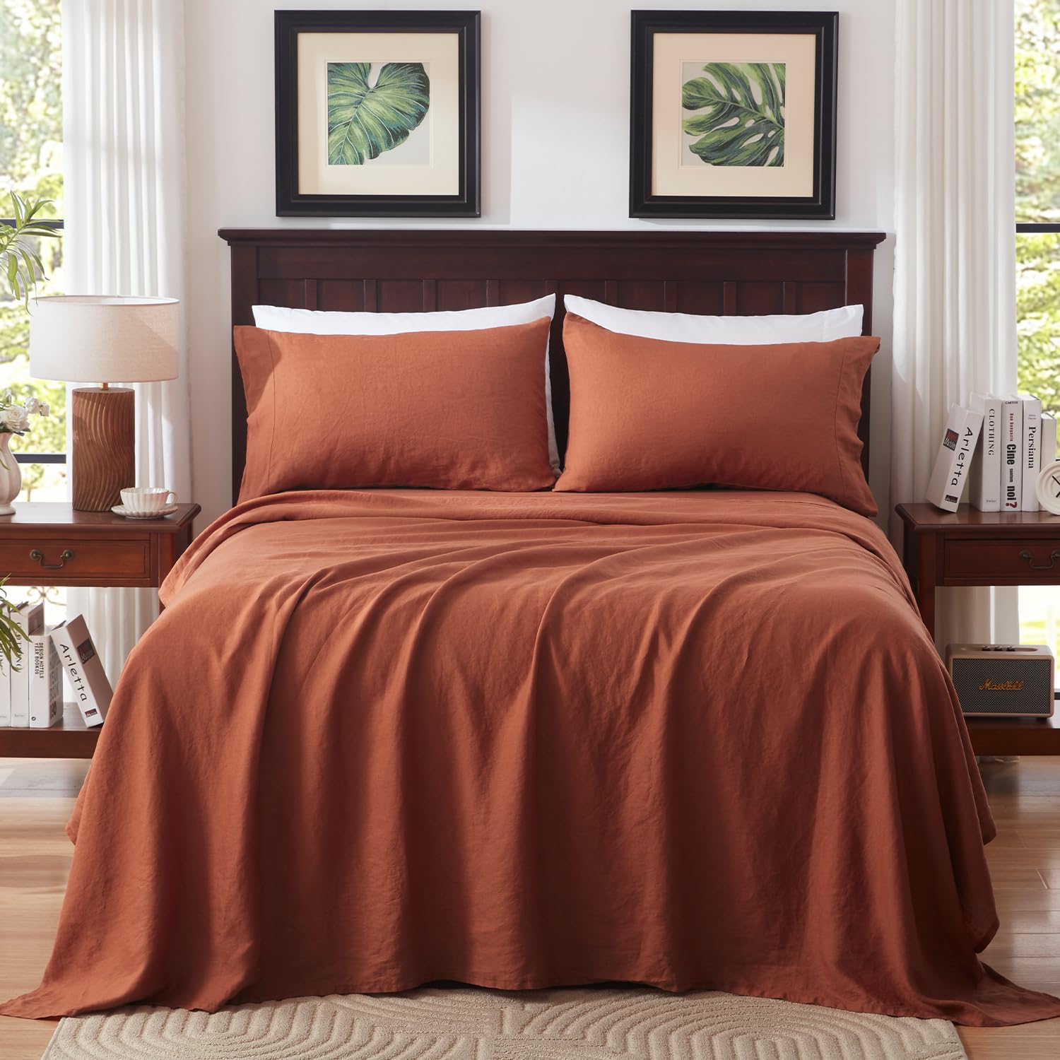 Photo 1 of TOSMO 100% French Linen Sheets Set, Breathable and Durable Linen Flax Bedding 4 Pcs Set for Hot Sleepers - 1 Flat Sheet, 1 Fitted Sheet, 2 Pillowcases - (Terracotta, King)